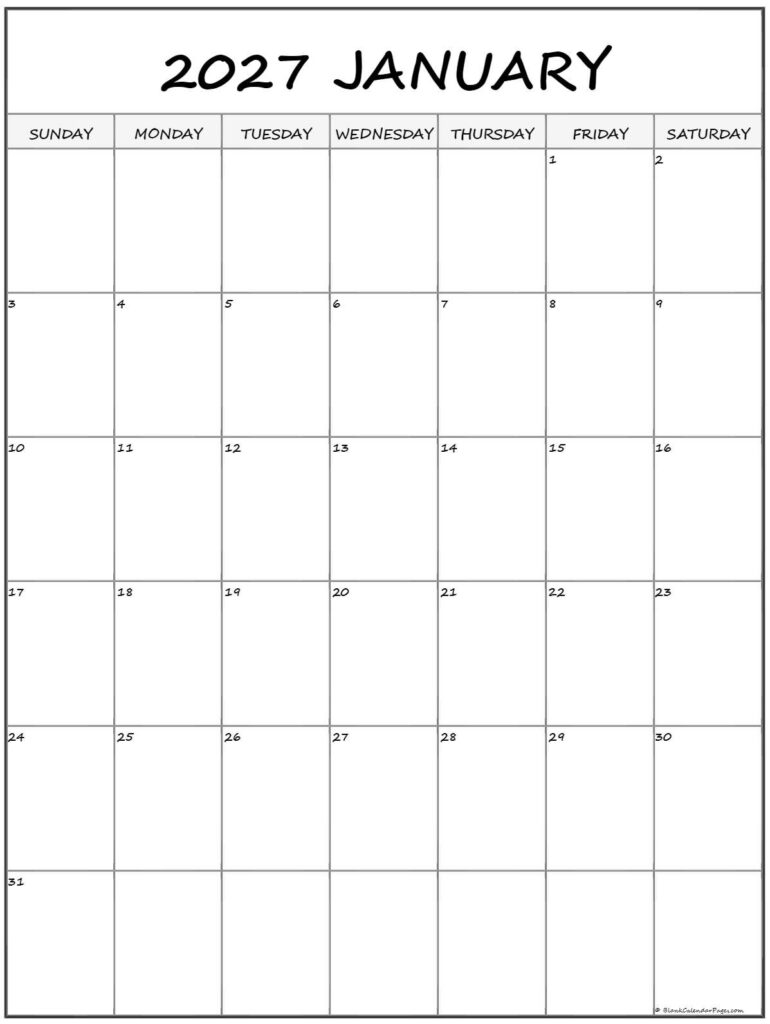 January 2027 Calendar Printable Vertical - January 2027 Vertical Calendar | Portrait