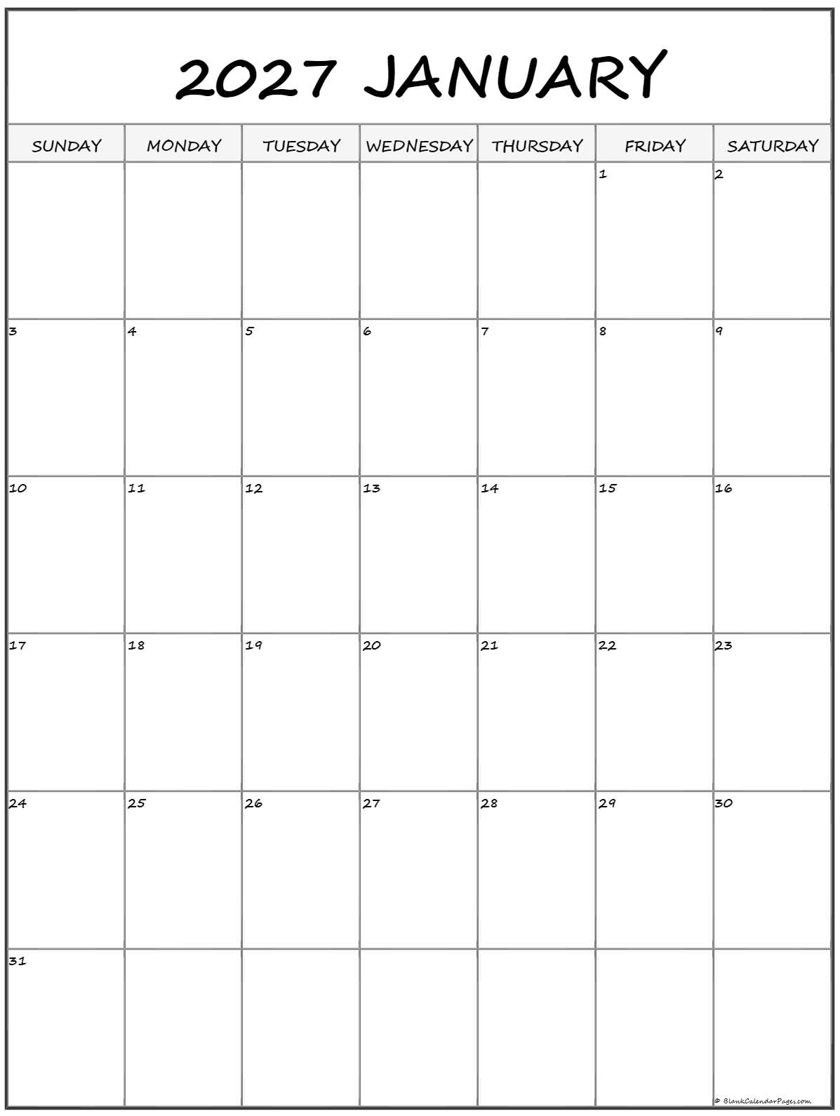 January 2027 Calendar Printable Vertical - January 2027 Vertical Calendar | Portrait