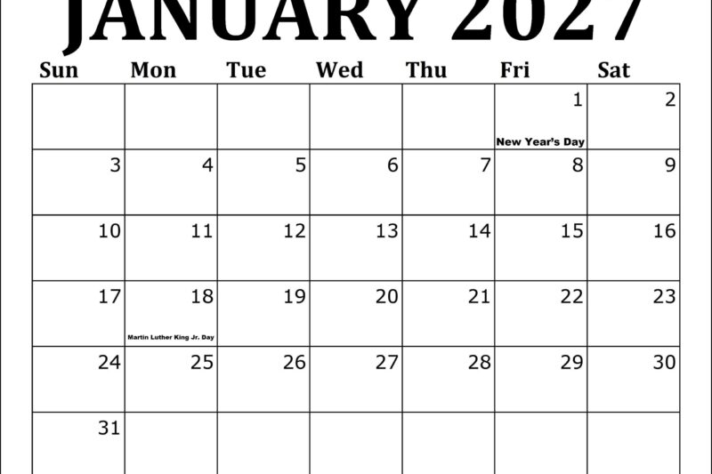 January 2027 Calendar To Print