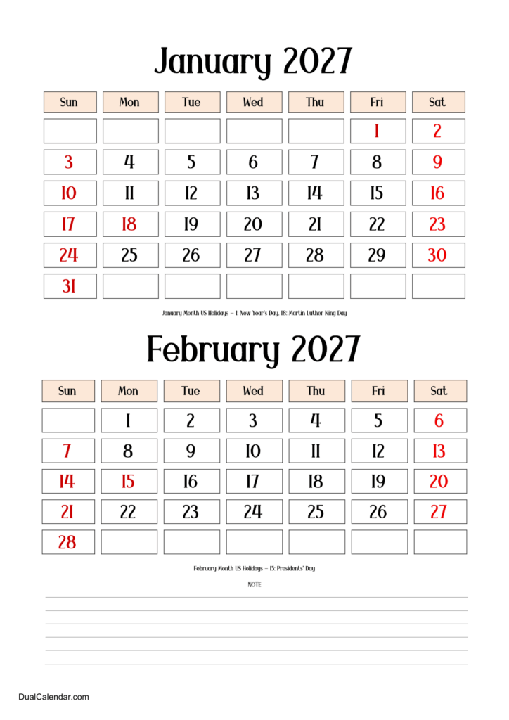 January and February 2027 Calendar – Dual Calendar January and February 2027 Calendar - Dual Calendar