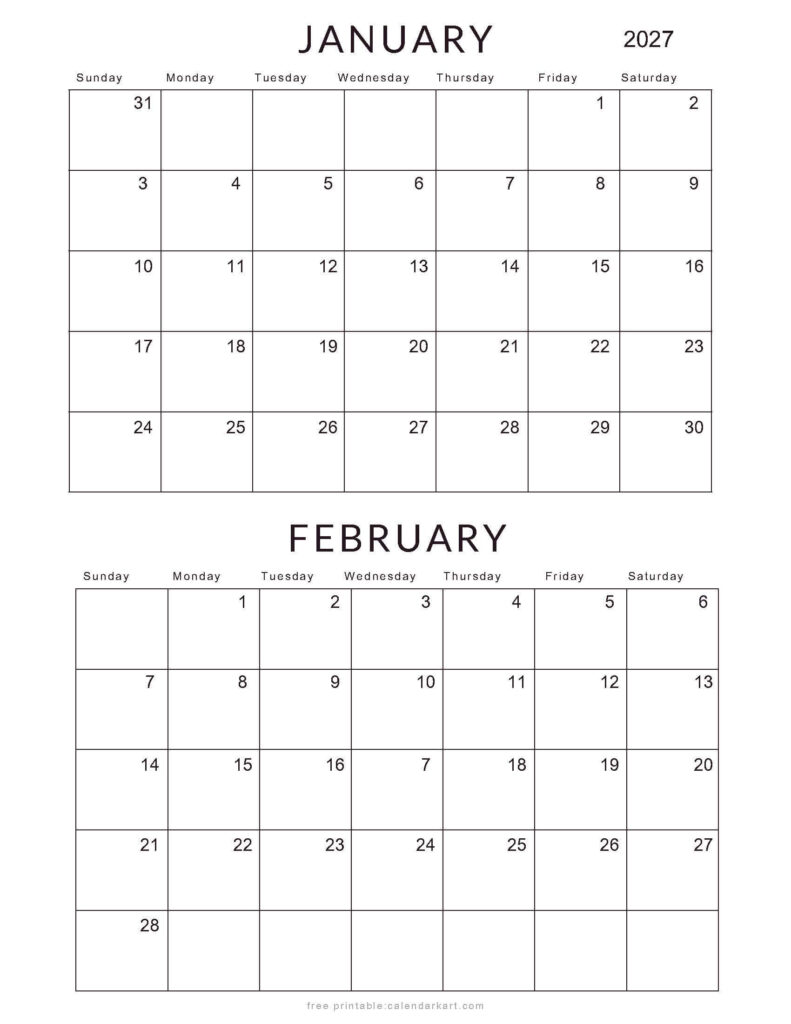 January And February 2027 Calendar Printable - January February 2027 Calendars – Free Printable PDFs - CalendarKart