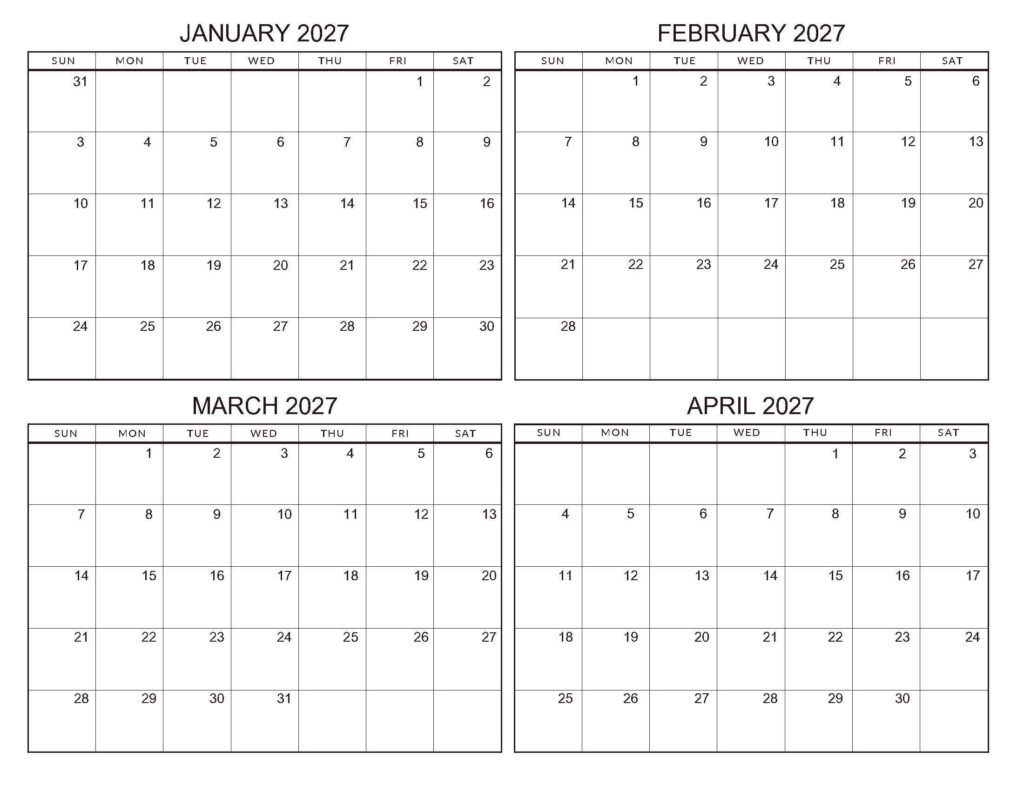 January – April 2027 Calendar – 4 Month Templates – CalendarKart January - April 2027 Calendar - 4 Month Templates - CalendarKart