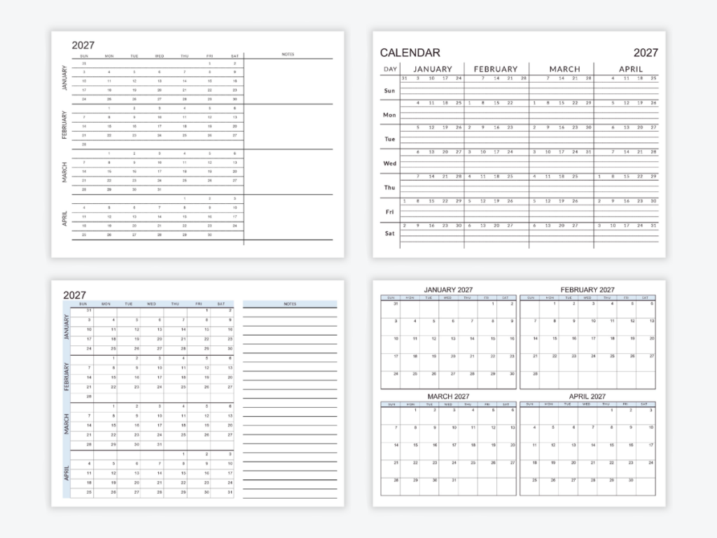 January - April 2027 Calendar - 4 Month Templates - CalendarKart
