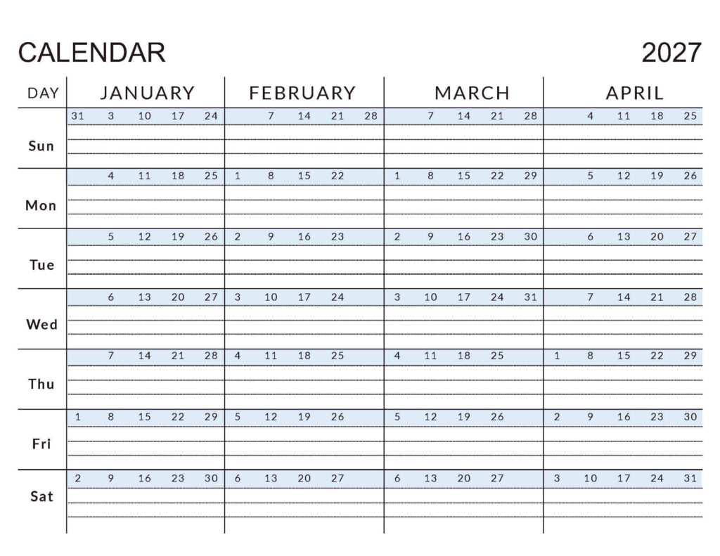 January - April 2027 Calendar - 4 Month Templates - CalendarKart