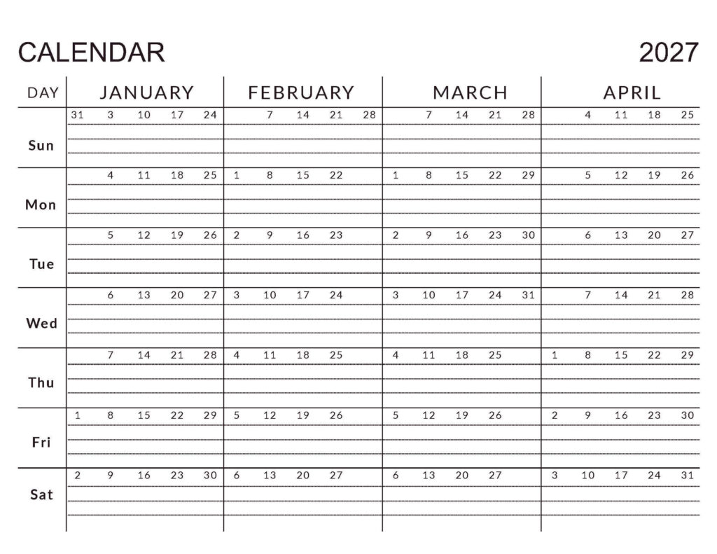January – April 2027 Calendar – 4 Month Templates – CalendarKart January - April 2027 Calendar - 4 Month Templates - CalendarKart
