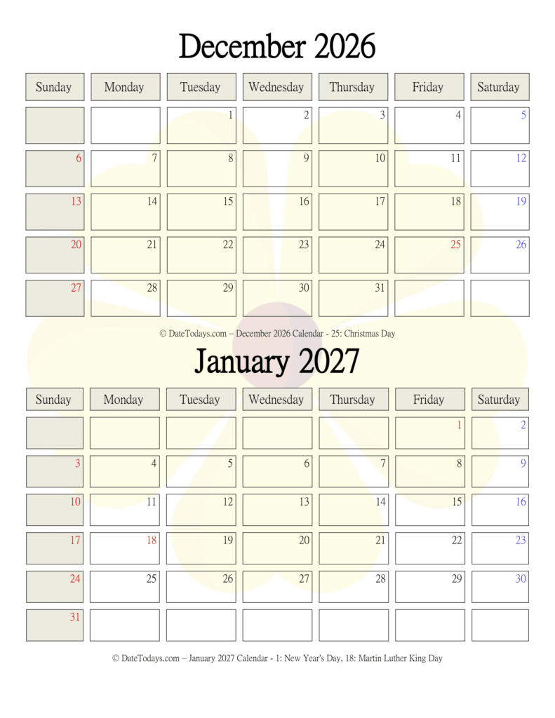 January December 2027 Printable Calendar - December 2026 January 2027 Calendar - Date Today's
