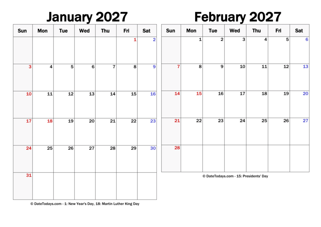 January February 2027 Calendar Printable with Holidays