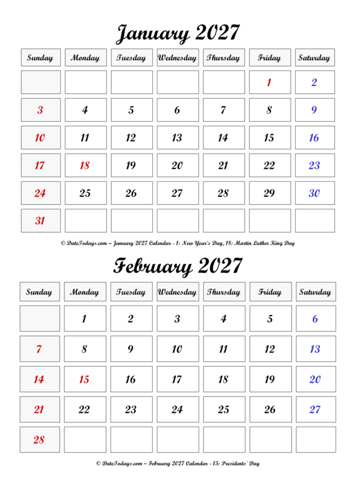 January February 2027 Calendar Printable with Holidays