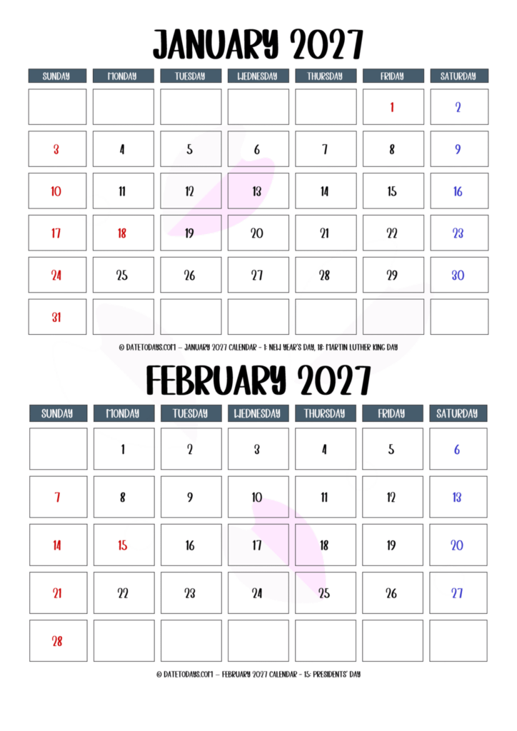 January February 2027 Calendar Printable with Holidays