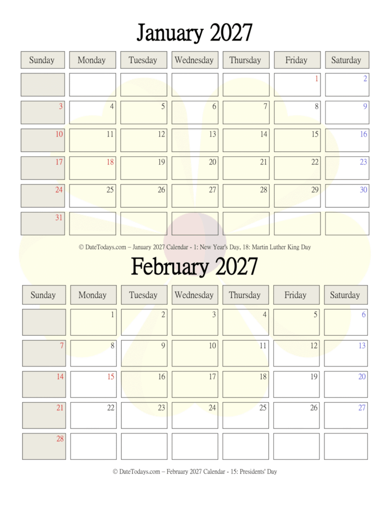 January February 2027 Calendar Printable with Holidays