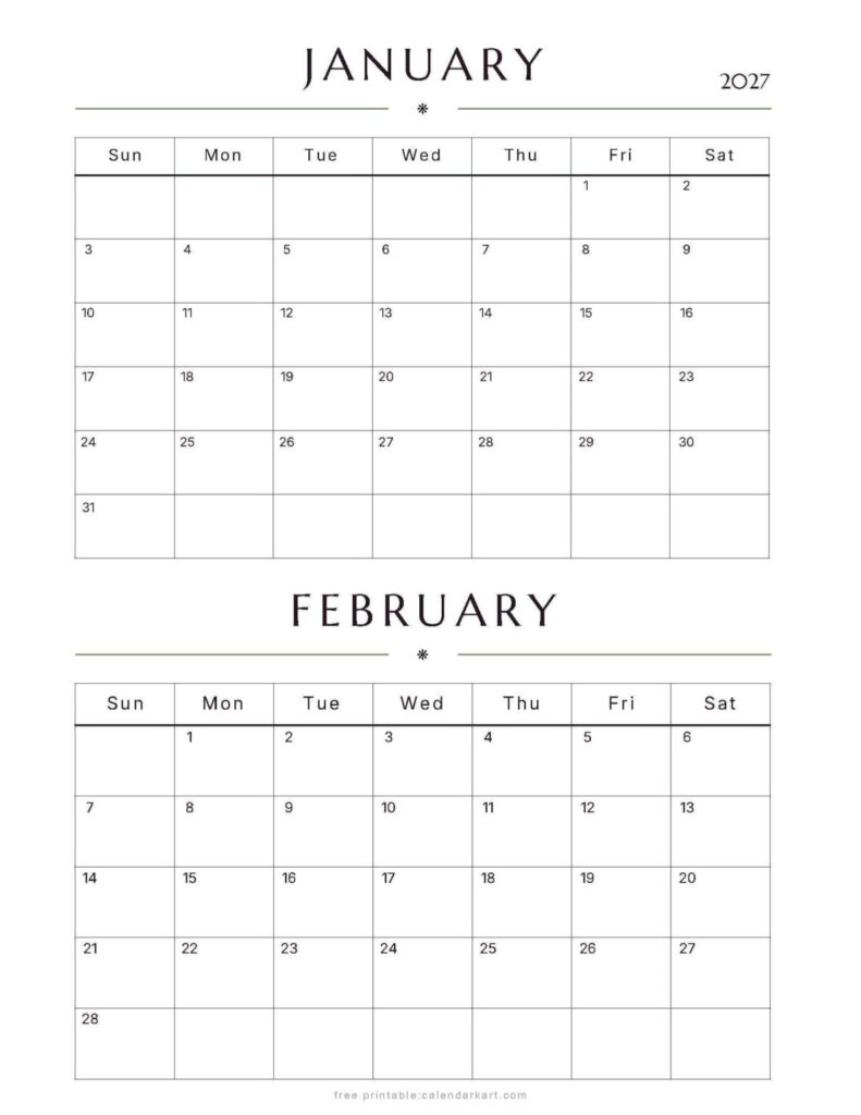 January-February 2027 Calendars – Free Printable PDFs – CalendarKart January-February 2027 Calendars – Free Printable PDFs - CalendarKart