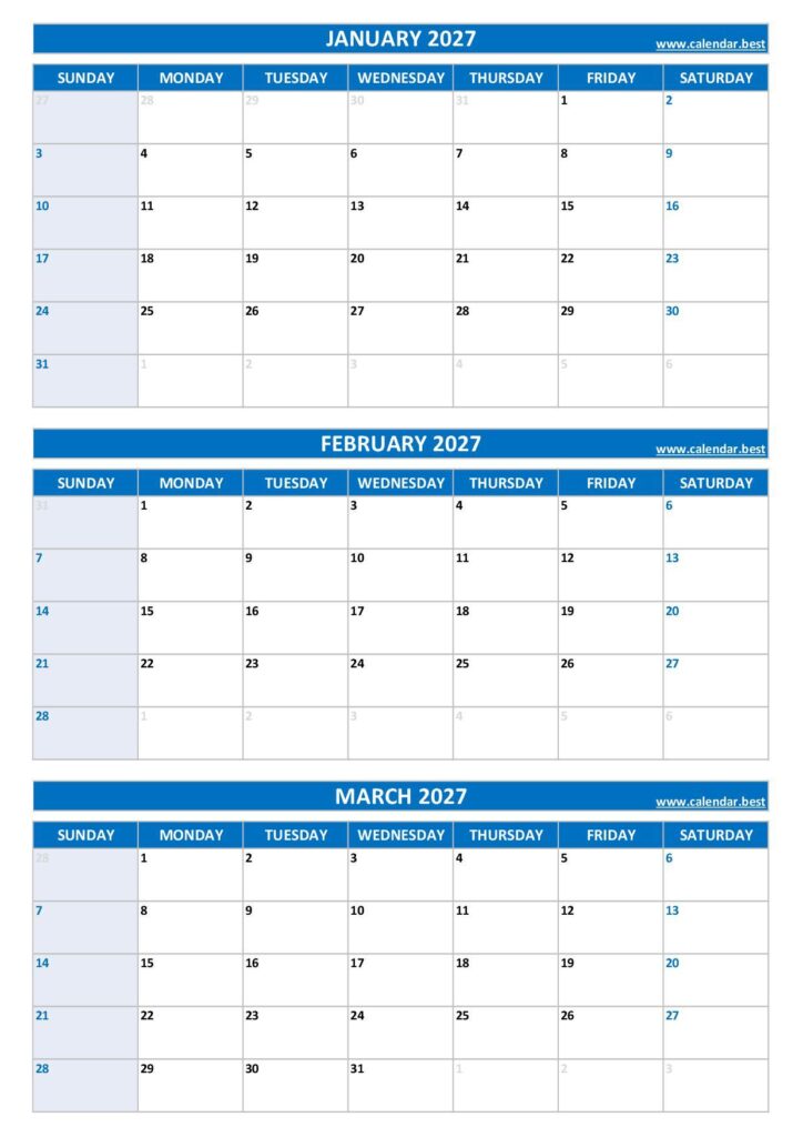 January February March 2027 Calendar Printable - Printable 1st quarter 2027 calendar