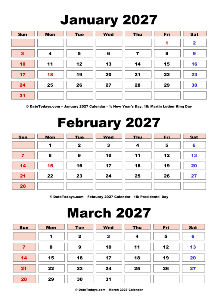 January February March 2027 Calendar Printable with Holidays