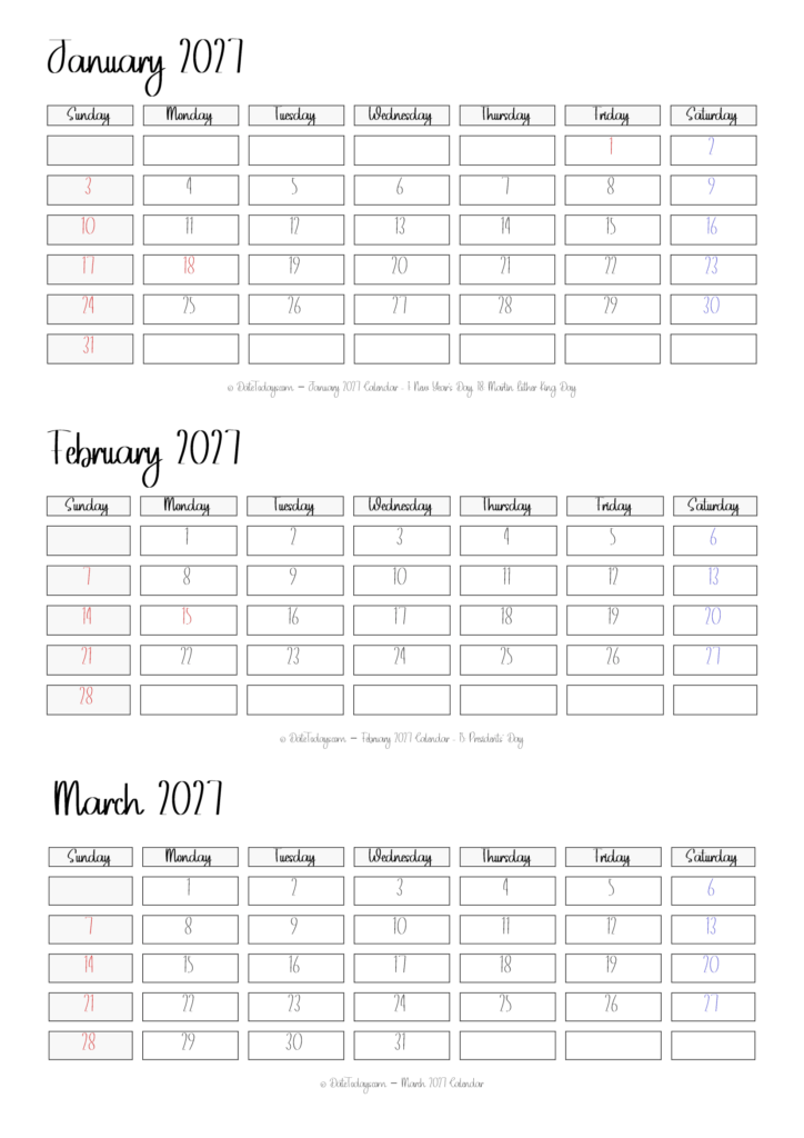 January February March 2027 Calendar Printable with Holidays January February March 2027 Calendar Printable with Holidays