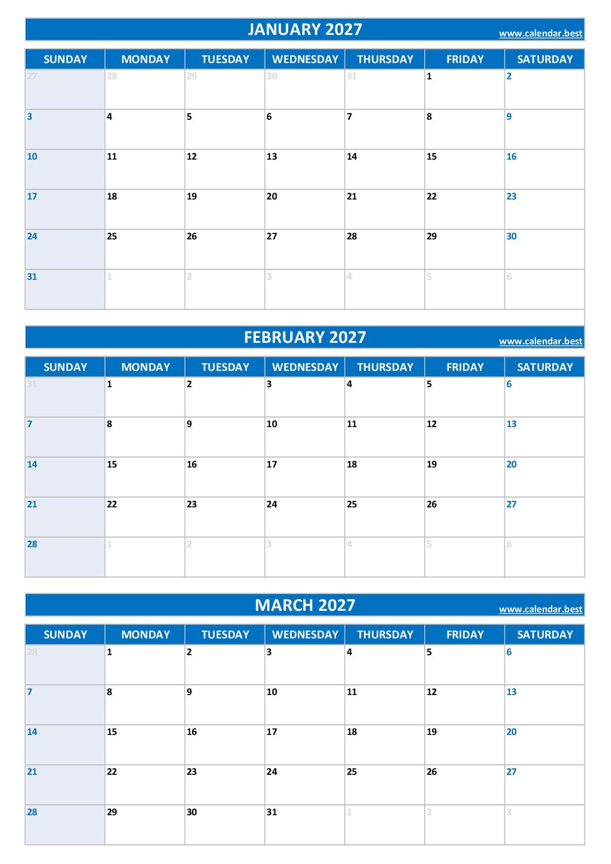 January February March 2027 Calendar Printable - Printable 1st quarter 2027 calendar