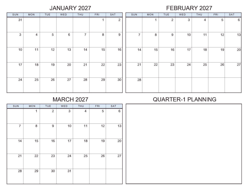 January March 2027 Calendar (Free Q1 Planner PDF Templates) January March 2027 Calendar (Free Q1 Planner PDF Templates)