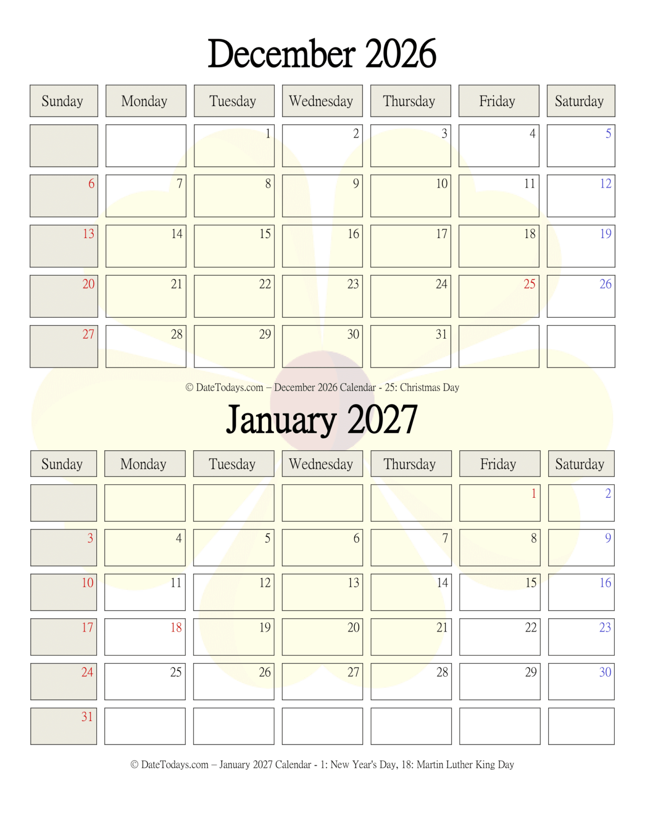 January To December 2027 Calendar Printable - December 2026 January 2027 Calendar - Date Today's