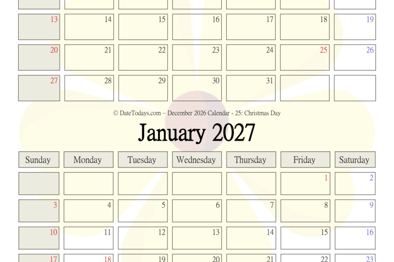 January To December 2027 Calendar Printable