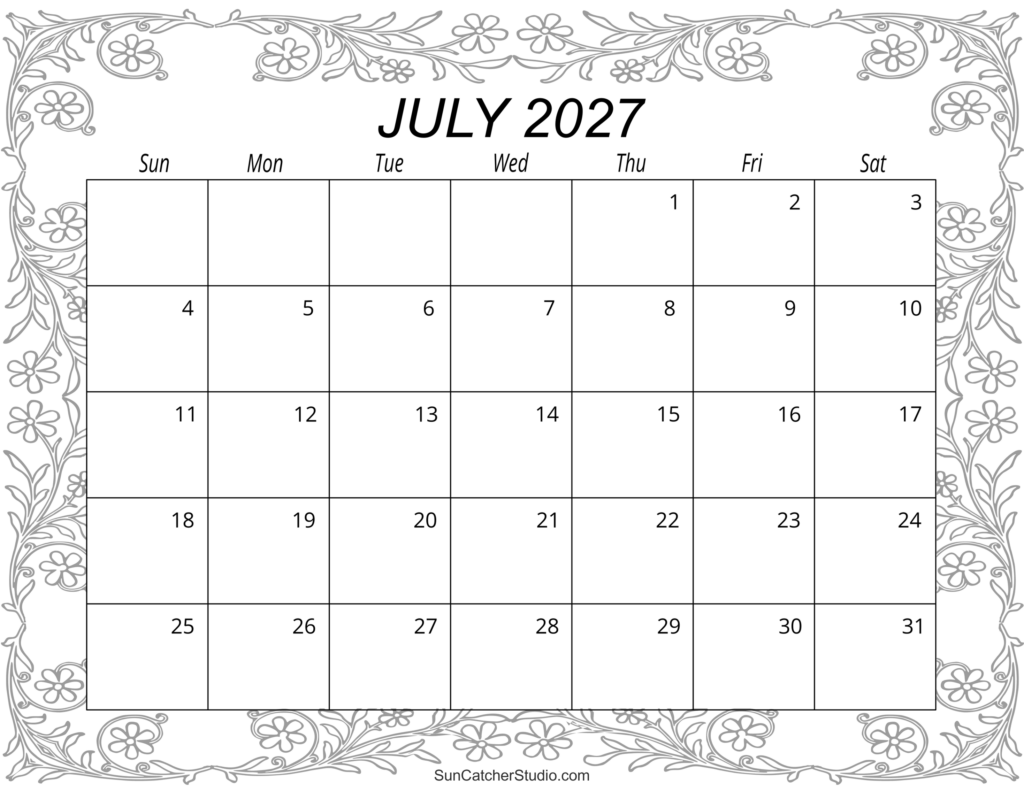 July 2027 Calendar Coloring Page - July 2027 Calendar (Free Printable) – Free Printables, Lettering, SVG ...
