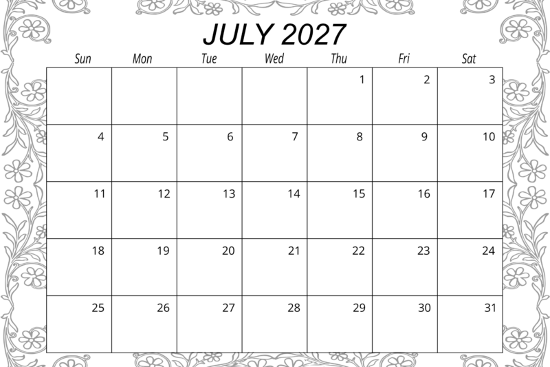 July 2027 Calendar Coloring Page