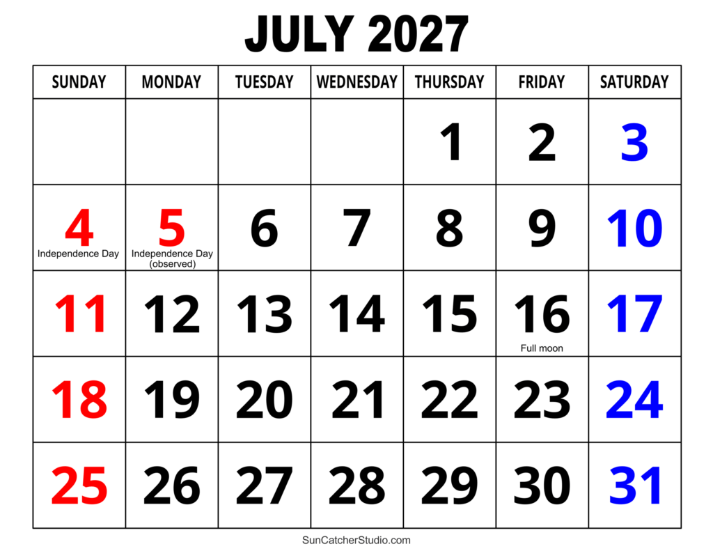 July 2027 Calendar (Free Printable) – Free Printables, Lettering, SVG ...