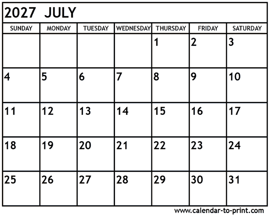 July 2027 Calendar Printable July 2027 Calendar Printable