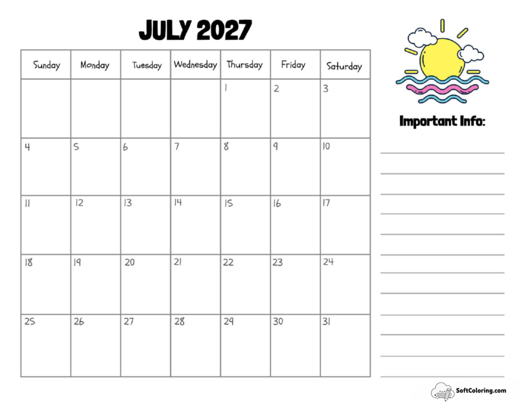 July 2027 Calendar Printable Sun Landscape Coloring Page