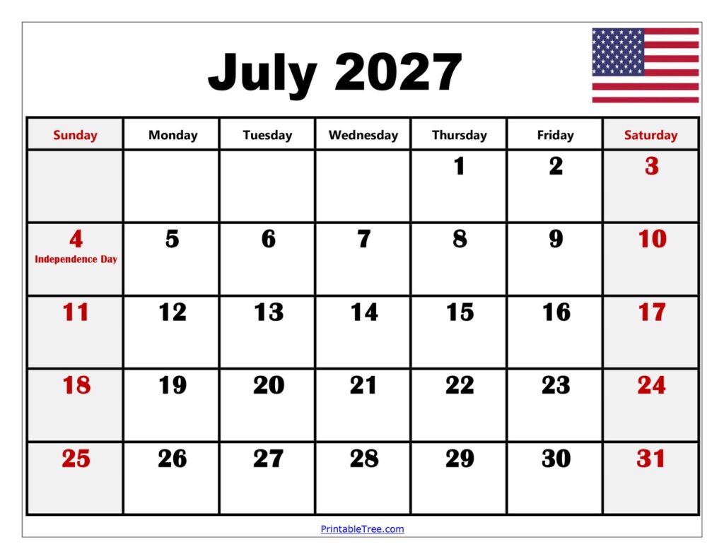 July 2027 Calendar Printable With Holidays - July 2027 Calendar Printable PDF with Holidays Free Template