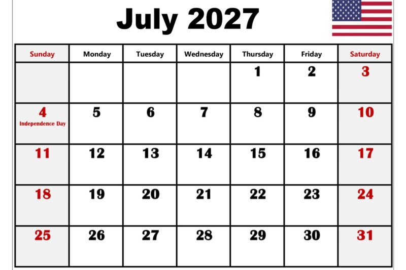 July 2027 Calendar Printable With Holidays