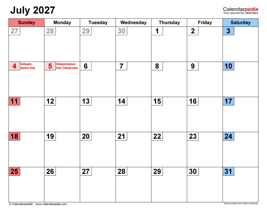 July 2027 Calendar | Templates for PDF, Excel and Word