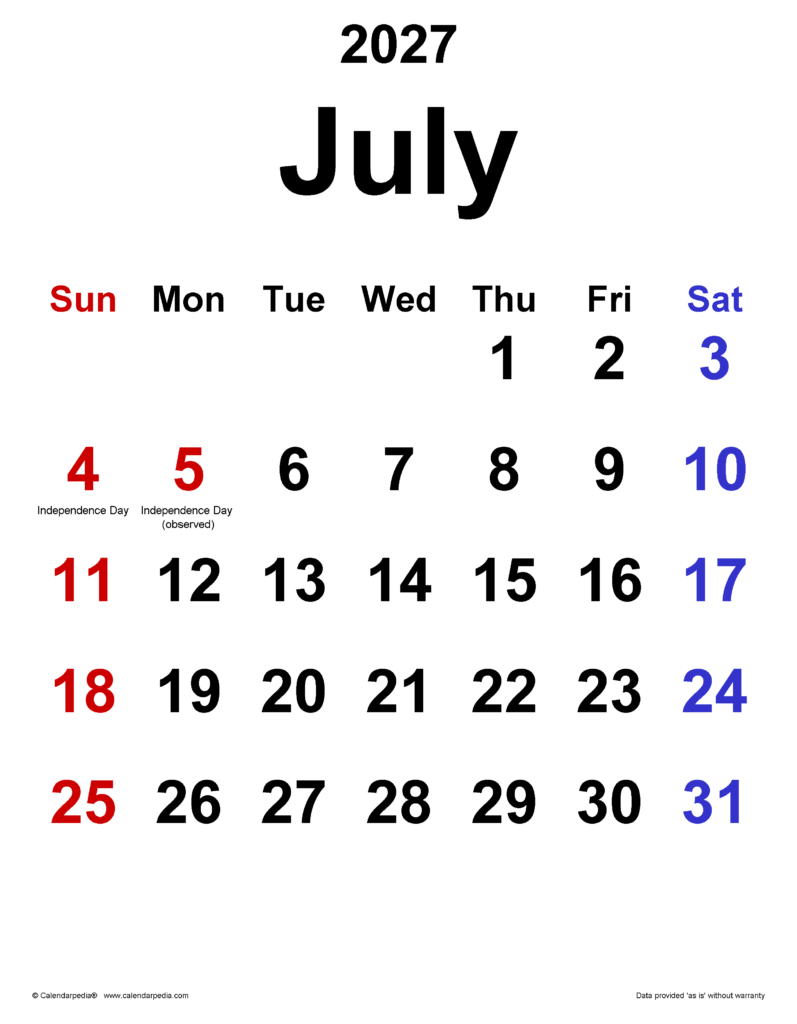 July 2027 Calendar | Templates for PDF, Excel and Word