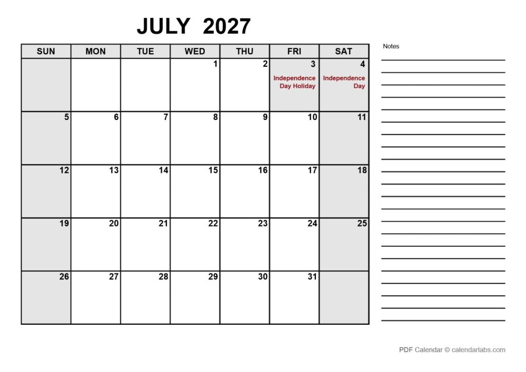 July 2027 Calendar with Holidays | CalendarLabs July 2027 Calendar with Holidays | CalendarLabs