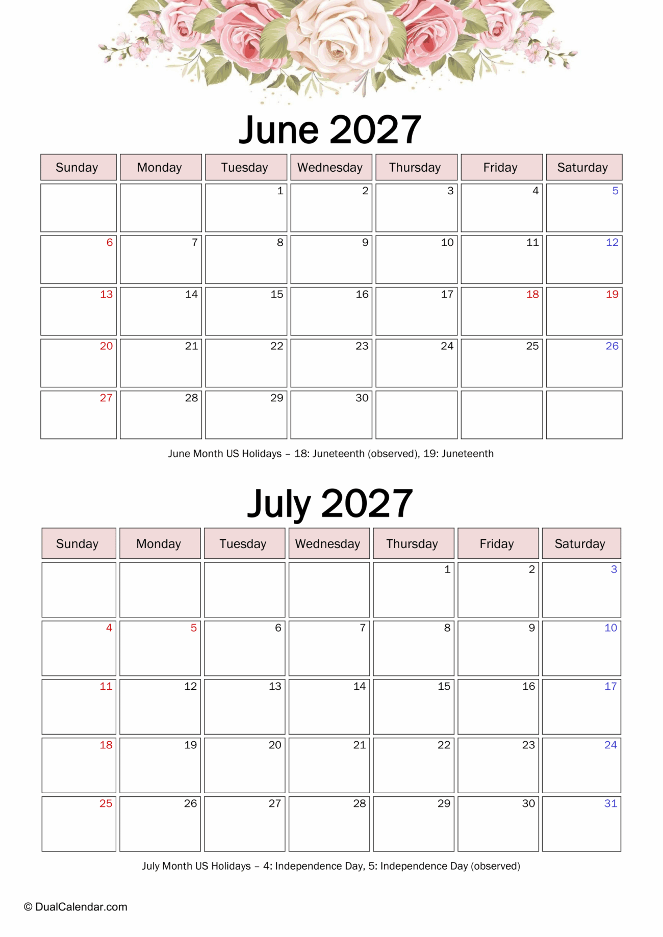 July 2027 To June 2027 Calendar Printable - June and July 2027 Calendar - Dual Calendar