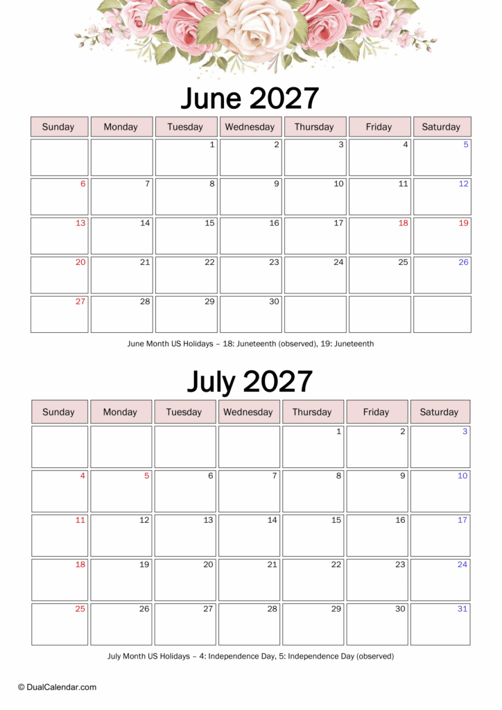 July 2027 To June 2027 Calendar Printable - June and July 2027 Calendar - Dual Calendar
