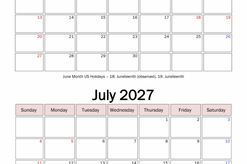 July 2027 To June 2027 Calendar Printable