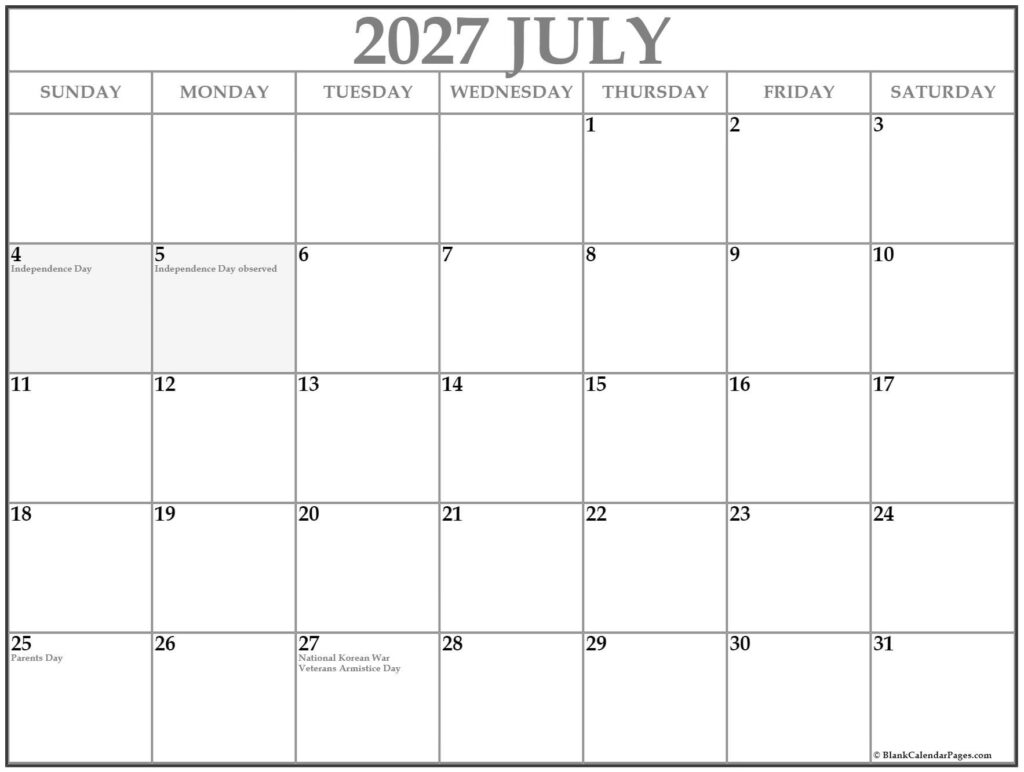 July 2027 with holidays calendar July 2027 with holidays calendar