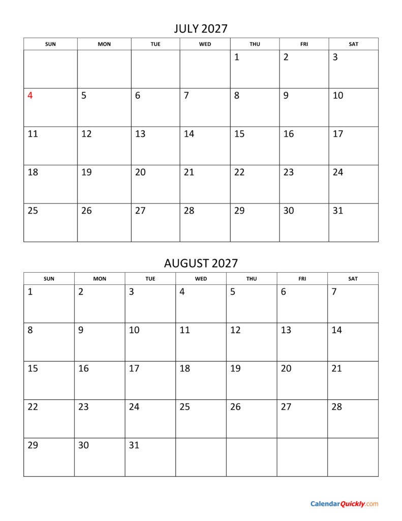 July and August 2027 Calendar | Calendar Quickly July and August 2027 Calendar | Calendar Quickly