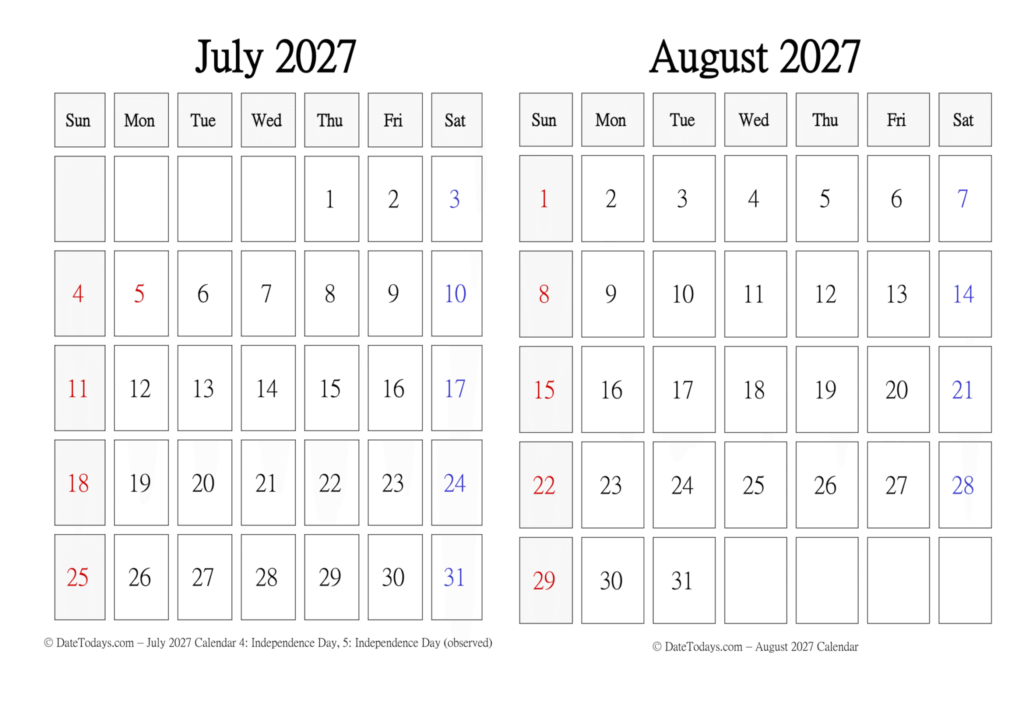 July August 2027 Calendar – Date Today’s July August 2027 Calendar - Date Today's