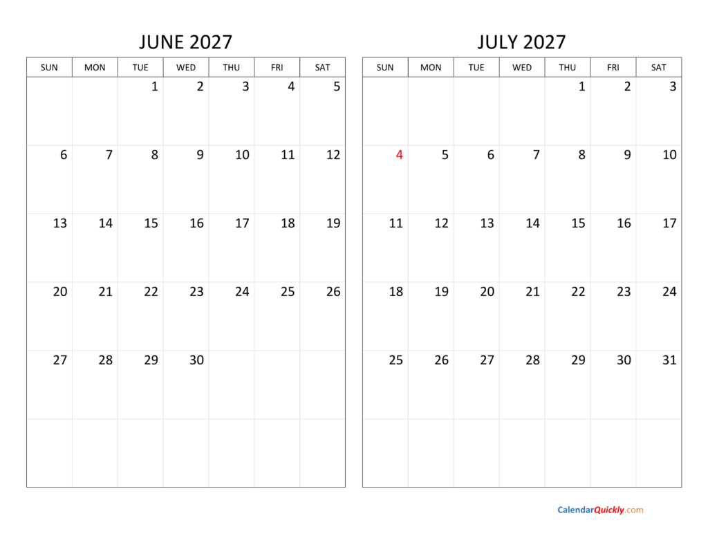 June and July 2027 Calendar | Calendar Quickly June and July 2027 Calendar | Calendar Quickly