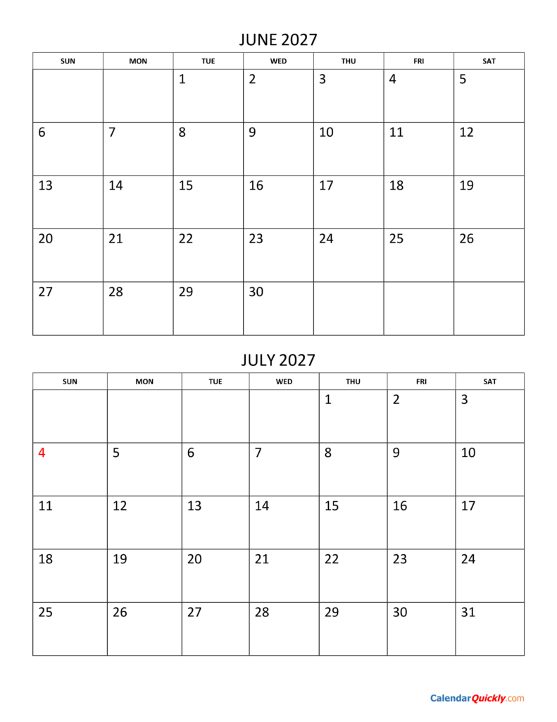 June and July 2027 Calendar | Calendar Quickly