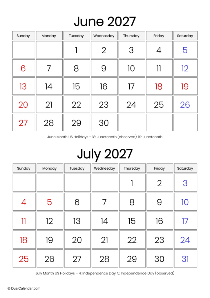 June and July 2027 Calendar – Dual Calendar June and July 2027 Calendar - Dual Calendar