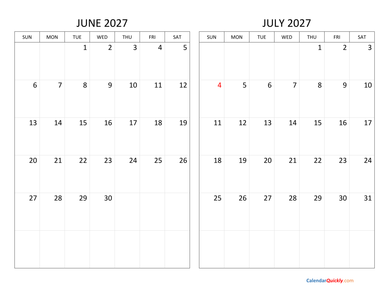 June And July 2027 Calendar Printable - June and July 2027 Calendar | Calendar Quickly