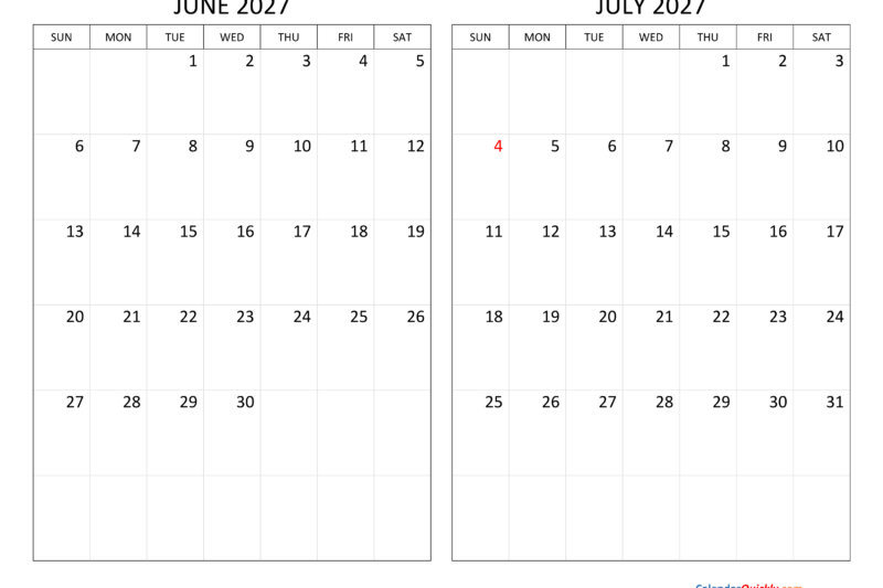 June And July 2027 Calendar Printable