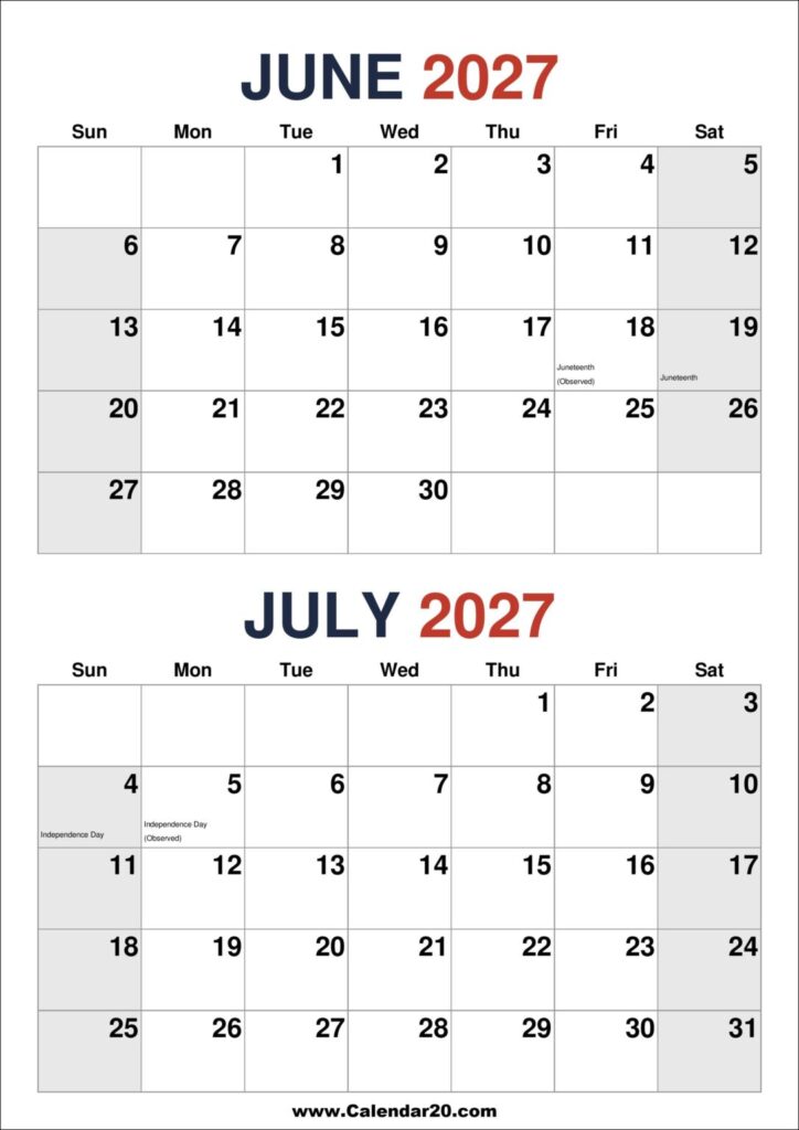 June and July 2027 Calendar – Two Month Per Page – Calendar20.com June and July 2027 Calendar - Two Month Per Page - Calendar20.com