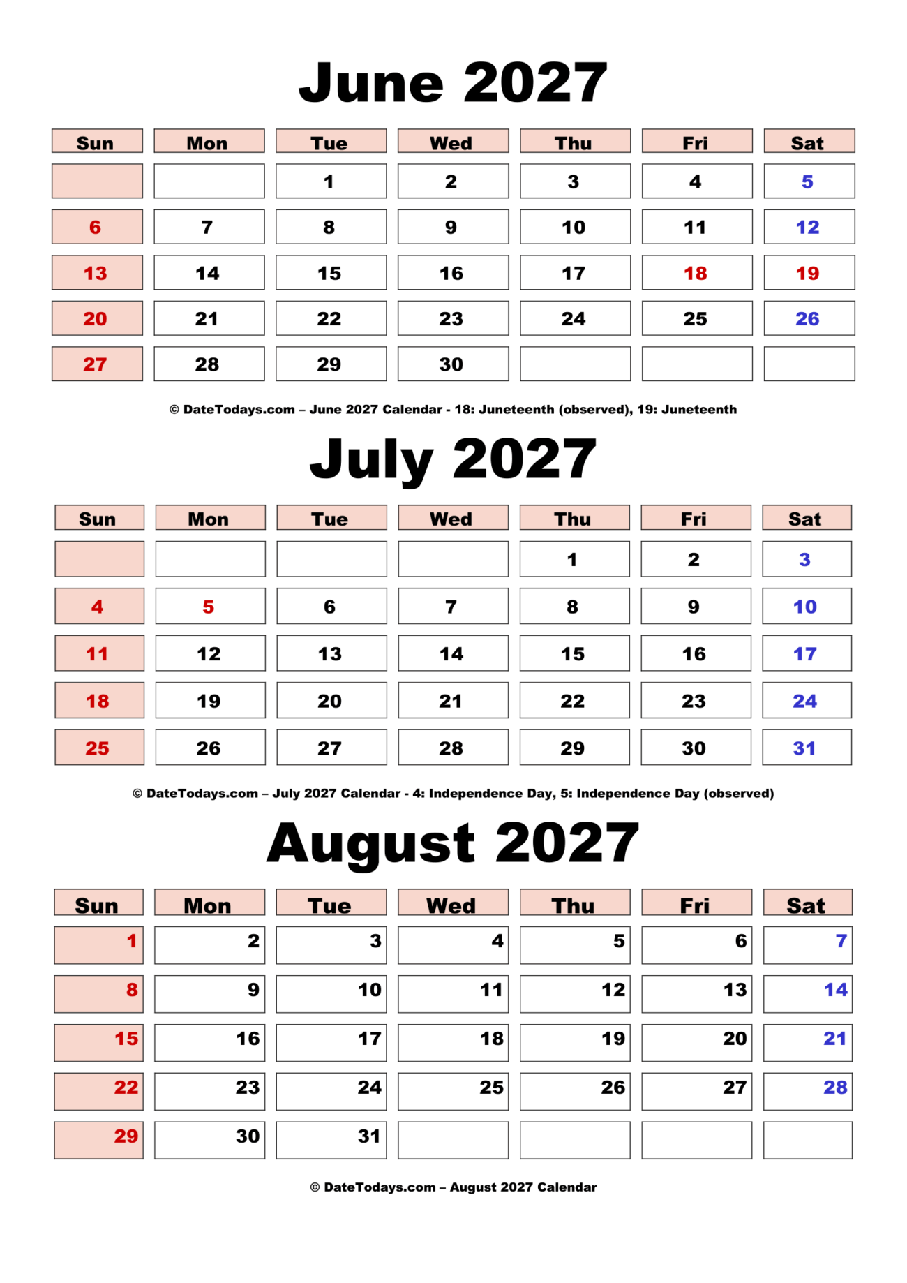 June July August 2027 Calendar Printable - June to August 2027 Calendar Printable with Holidays