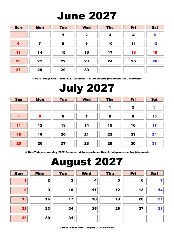 June July August 2027 Calendar Printable – June to August 2027 Calendar Printable with Holidays June July August 2027 Calendar Printable - June to August 2027 Calendar Printable with Holidays