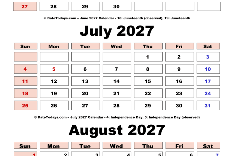 June July August 2027 Calendar Printable