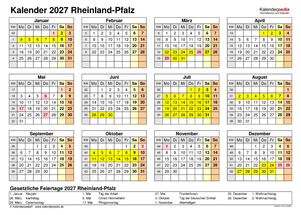 Kalender 2027 Rheinland-Pfalz: 10 Excel-Vorlagen mit Ferien Kalender 2027 Rheinland-Pfalz: 10 Excel-Vorlagen mit Ferien