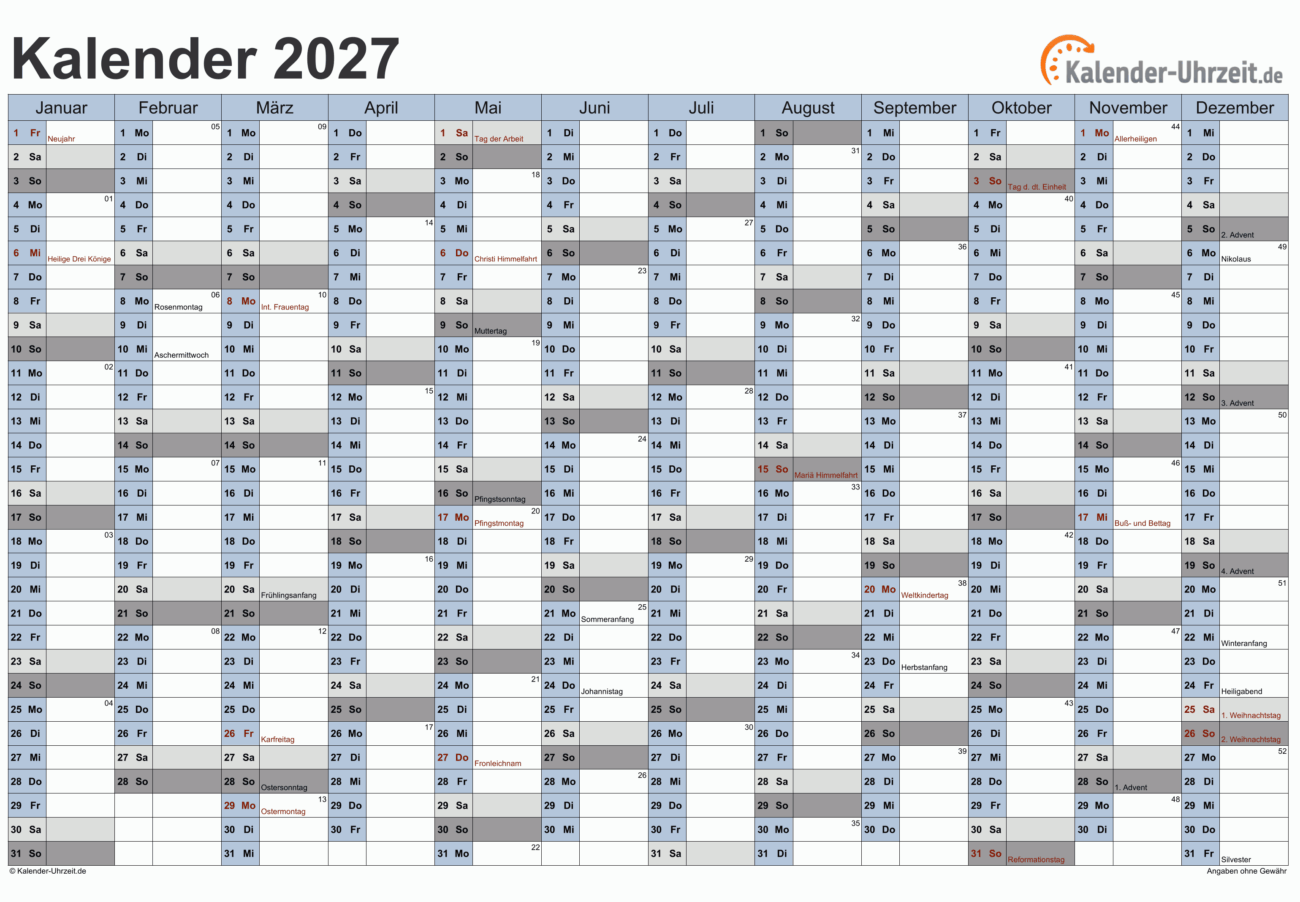 Kalender 2027 Zum Ausdrucken Din A4 Kostenlos - KALENDER 2027 ZUM AUSDRUCKEN - KOSTENLOS