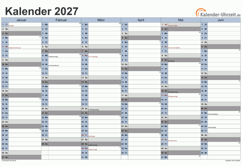 KALENDER 2027 ZUM AUSDRUCKEN - KOSTENLOS